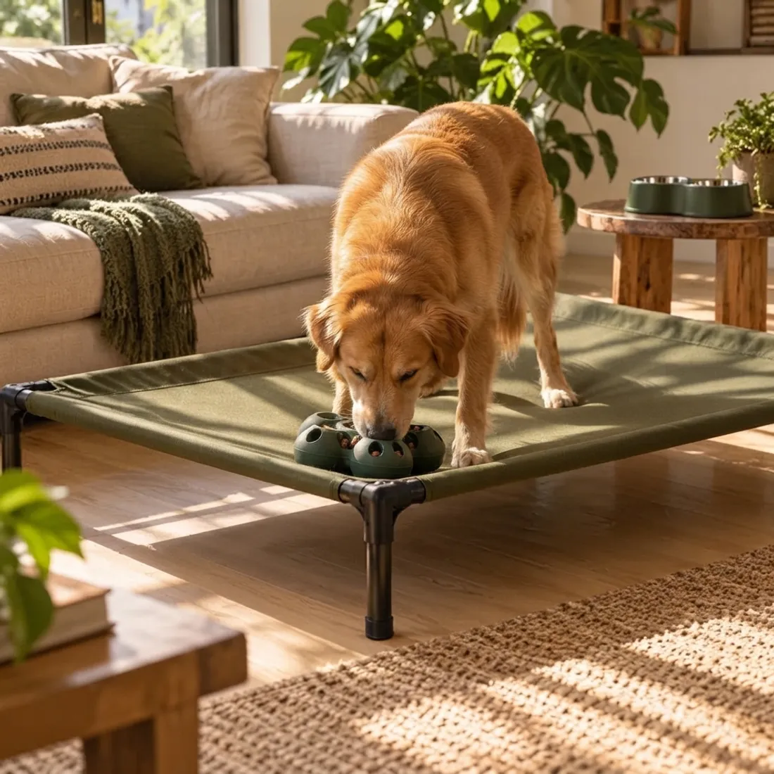 Cachorro caramelo farejando um brinquedo de petisco de borracha no tapete da sala
