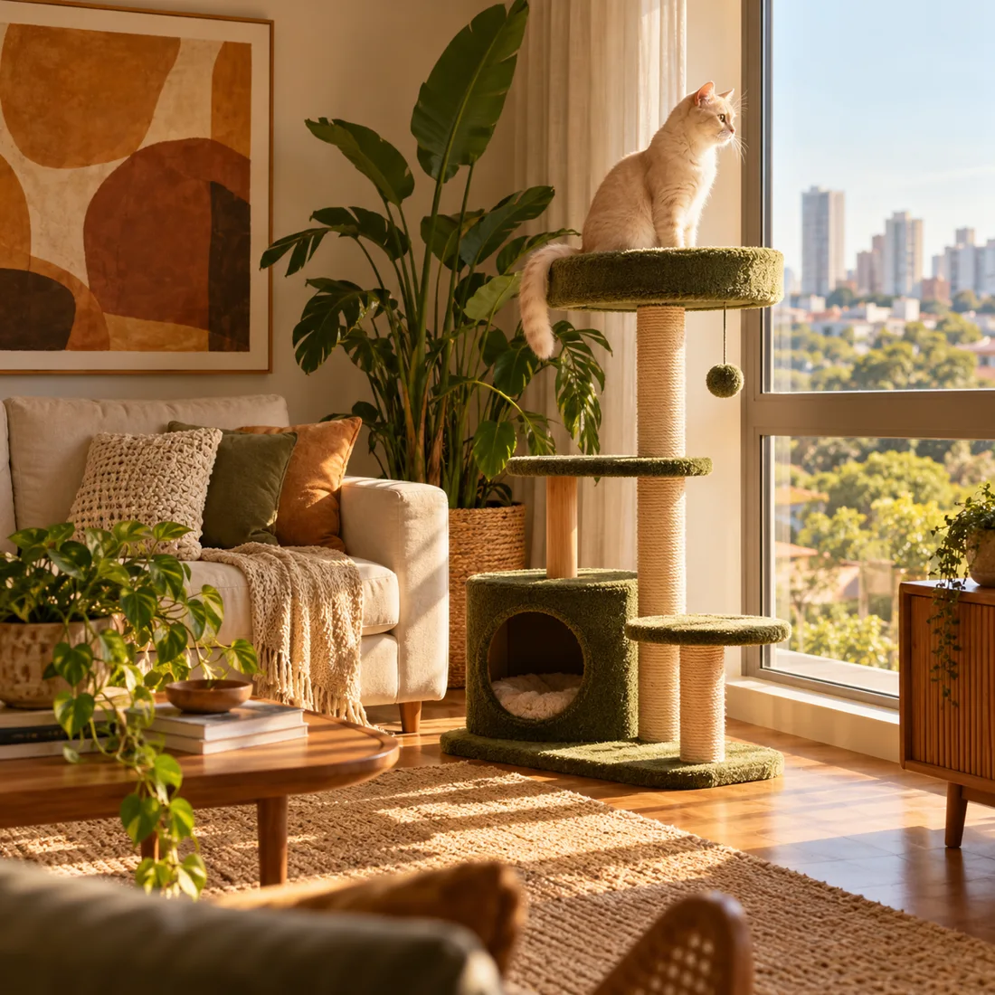 Gato claro sobre uma torre em uma sala com luz natural, plantas e texturas em oliva e caramelo