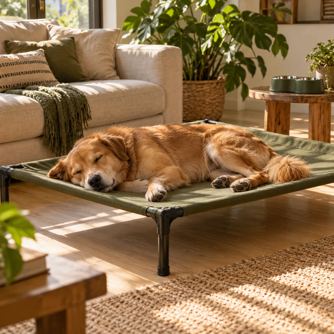 Cachorro caramelo descansando em uma cama elevada em uma sala acolhedora