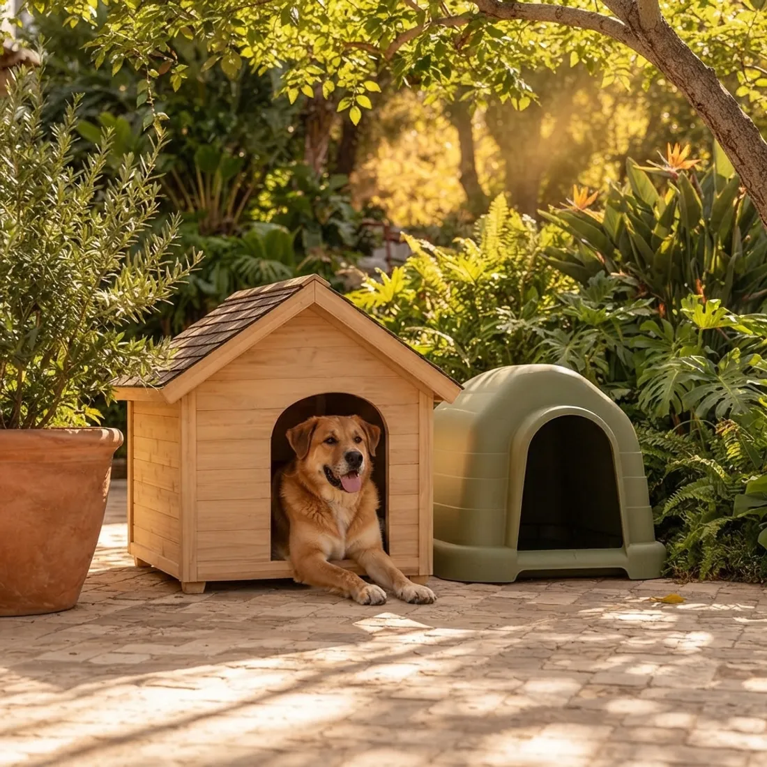 Casinha de madeira e casinha de plástico lado a lado no quintal, com um cachorro caramelo na porta da de madeira