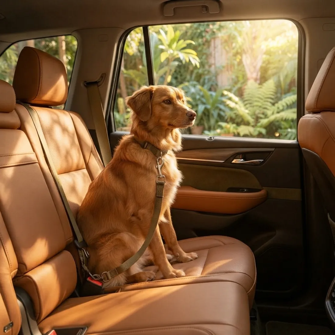 Cachorro caramelo sentado no banco de trás do carro, preso a uma guia de cinto