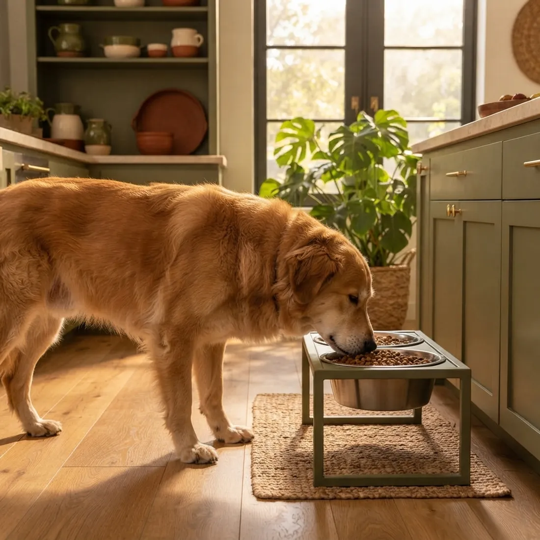 Cachorro caramelo comendo num comedouro elevado de inox numa cozinha com armários verde-oliva
