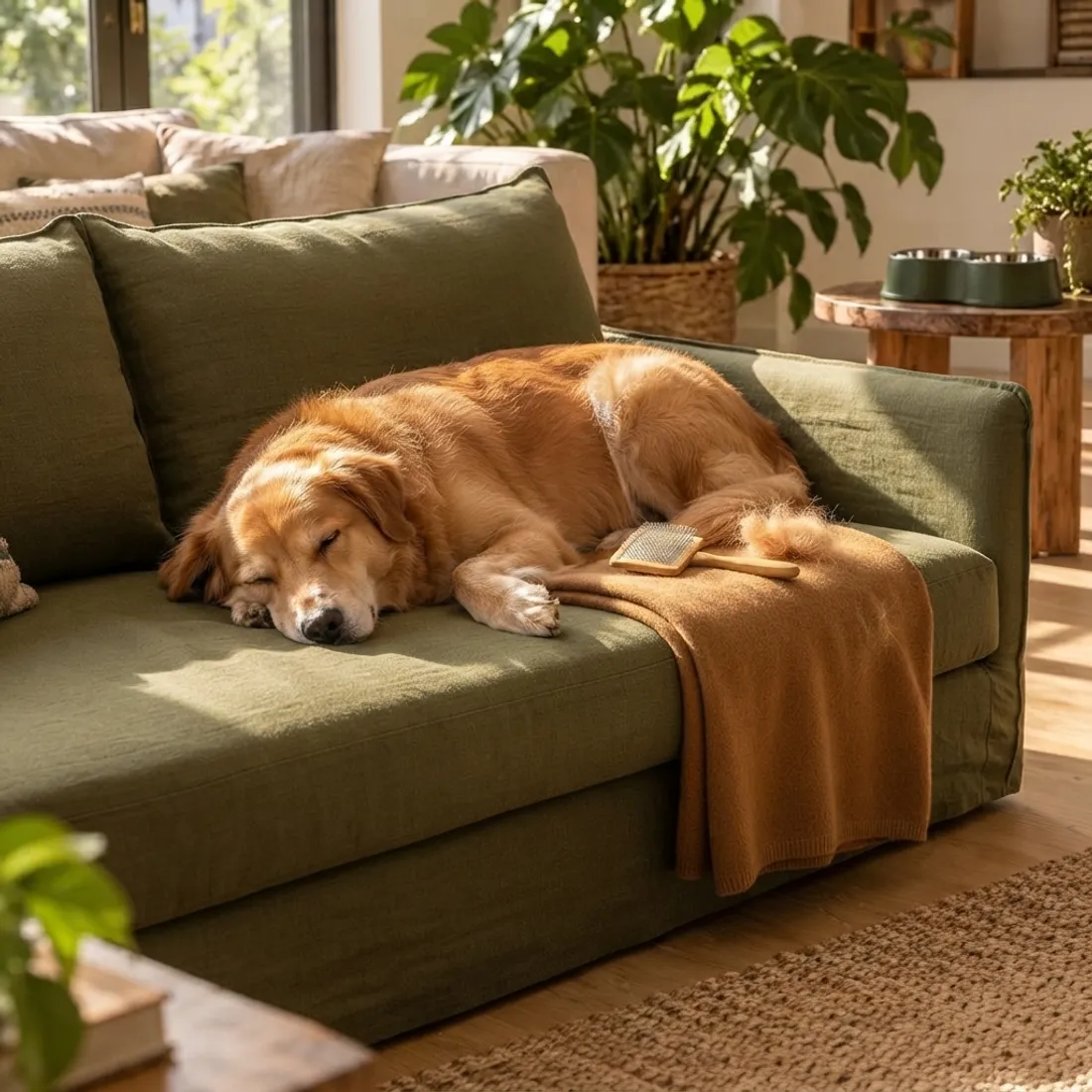 Cachorro caramelo deitado num sofá verde-oliva ao lado de uma escova e de um tufo de pelo