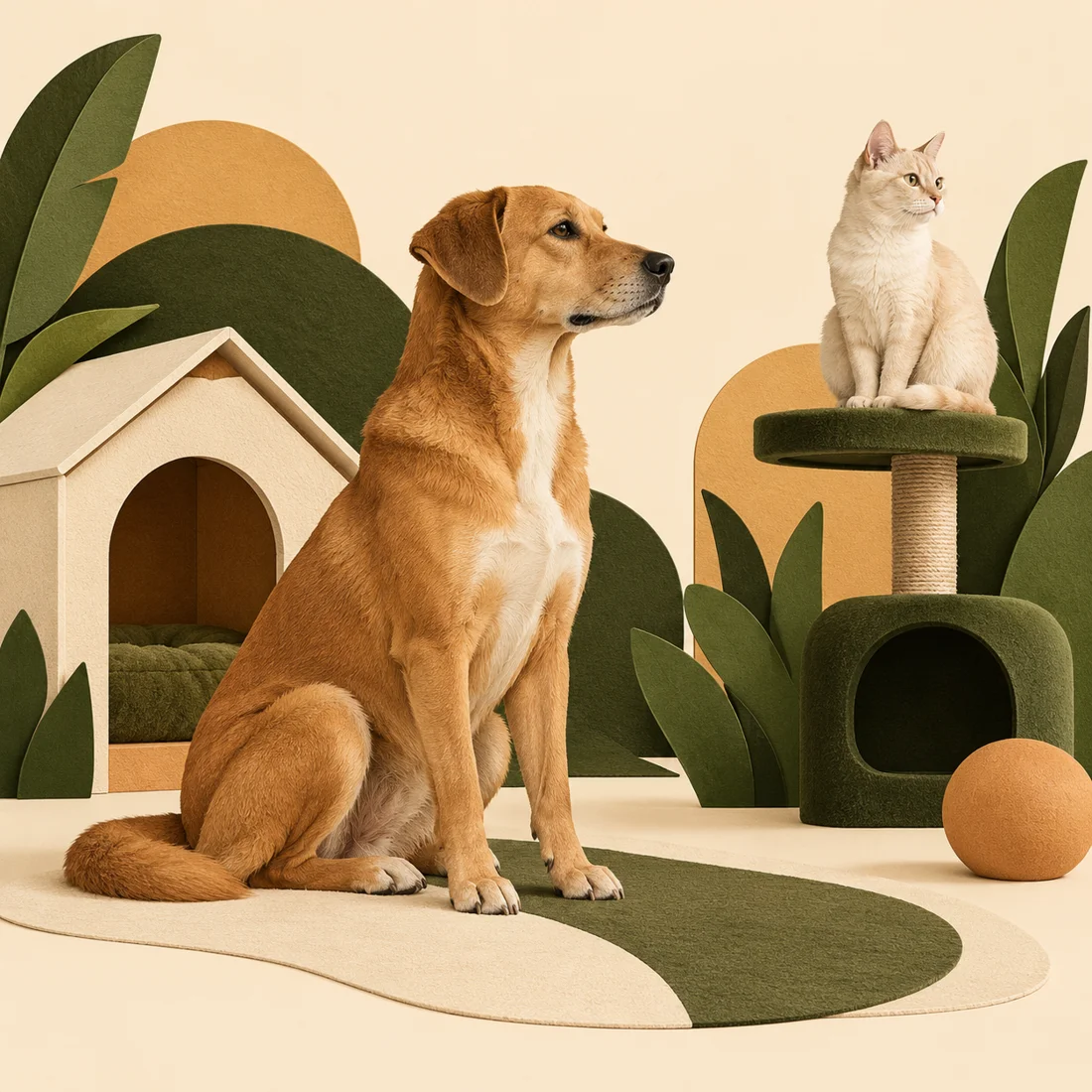 Composição ilustrada com cachorro caramelo, gato, casinha e torre em tons de oliva e caramelo
