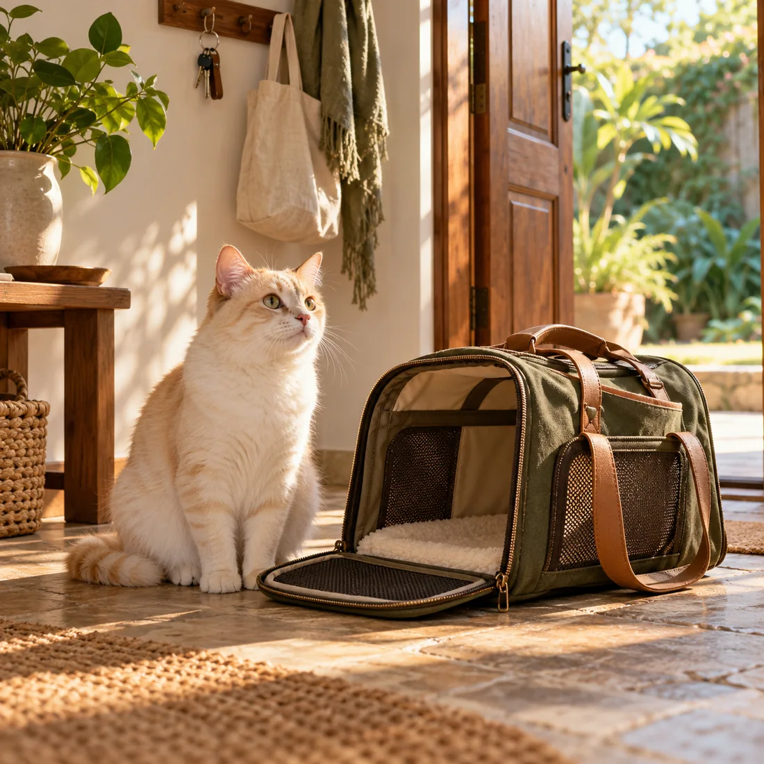 Gato ao lado de uma bolsa de transporte em uma entrada de casa iluminada pelo sol