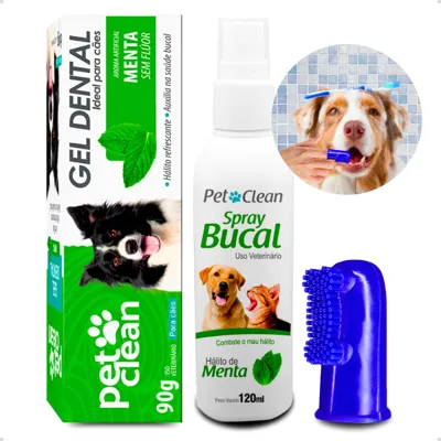 Foto do anúncio: Kit Higiene Dental Pet Cachorro e Gato Gel Pasta 90g + Spray Hálito 120ml + Escova Dedeira Pet Clean