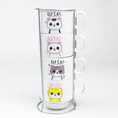 Foto do anúncio: Kit 4 Xícaras Cerâmicas + 1 Suporte Torre de Metal 150ml - Pets/Gatinhos