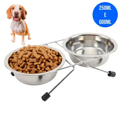 Foto do anúncio: Comedouro Duplo de Inox com Suporte Antiderrapante para Cães e Gatos