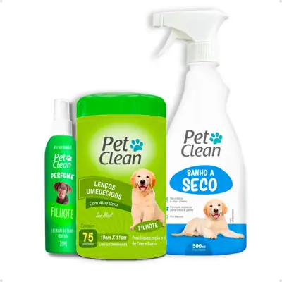 Foto do anúncio: Kit Banho Sem Enxágue Lenço Umedecido + Banho a Seco + Perfume Pet Clean