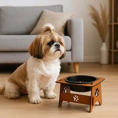 Foto do anúncio: Comedouro Pet MDF Tigela Plástico Aluminio 400ml Suporte Elevado Cães
