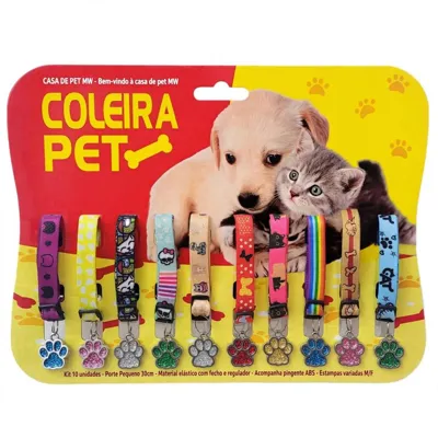 Foto do anúncio: Kit 10 Coleiras Pet Para Gato e Cachorro Elástico Estampado Com Pingente Melhor Preço