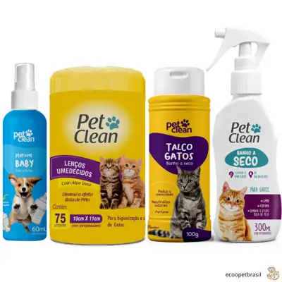 Foto do anúncio: Kit Banho a Seco para Gatos 300ml + Lenço Umedecido 75 unidades + Talco 100g Gatos + Perfume 60ml
