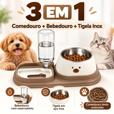 Foto do anúncio: Comedouro Cachorro e Gato 3 em 1 com Bebedouro Automático Tigela Inox