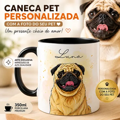 Foto do anúncio: Caneca Personalizada com Caricatura Pet foto mais nome em Xicara Cerâmica 325ml Presente Especial
