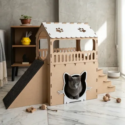 Foto do anúncio: Casinha para Gatos 2 Andares MDF com Arranhador e Rampa Carpete– Toca Playground