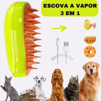 Foto do anúncio: Escova a vapor para gatos e cães 3 em 1 escovas elétricas de pêlos pentes de massagem verde/amarelo