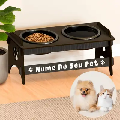 Foto do anúncio: Comedouro PERSONALIZADO Com Nome Para Pets Pequenos De Madeira Com 2