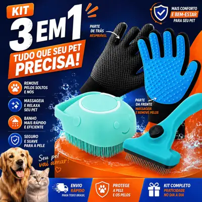 Foto do anúncio: Kit Banho 3 em 1 Luva Tira Pelos Nano + Escova Lava Pet Silicone