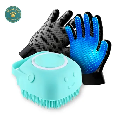 Foto do anúncio: Kit Cuidados Pet Luva Tira Pelos Nano + Escova lava Pet Silicone Dispenser Cachorro Gato