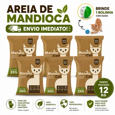 Foto do anúncio: Areia de Gato MandioCat Biodegradável 100% Mandioca - Grãos Finos Com Petisco e Brinquedo MAIS BARATA Areia de Gato FULL