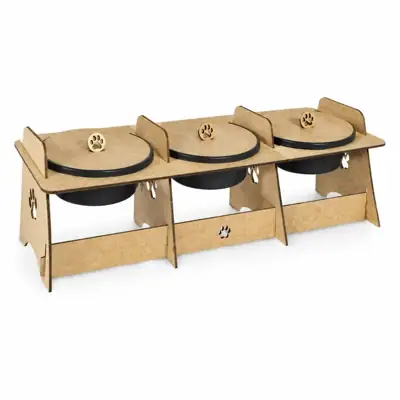 Foto do anúncio: Comedouro Triplo para Pets 36x15cm Suporte de Madeira Mdf com 3 Tigelas