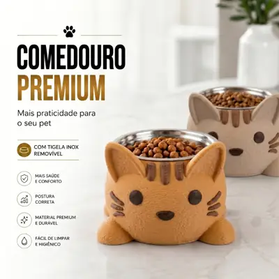 Foto do anúncio: Comedouro para Gatos e Cachorros Pequenos com Tigela Inox Removível Anti Refluxo Design Gatinho Acabamento Premium