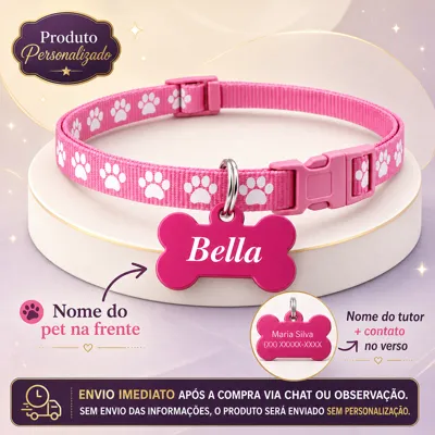 Foto do anúncio: Coleira Personalizada para Cachorro Gato Macho Fêmea – Com Nome Gravado