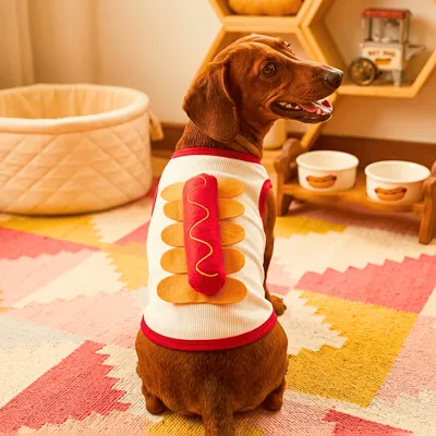 Foto do anúncio: Fantasia Cachorro quente Confortável Pet Roupa Regata Cachorrinho Divertido Salsicha