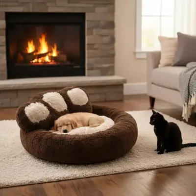 Foto do anúncio: Cama Pet Donut Nuvem de Pelúcia Formato Pata Redonda para Cachorros e Gatos com Fundo Antiderrapante