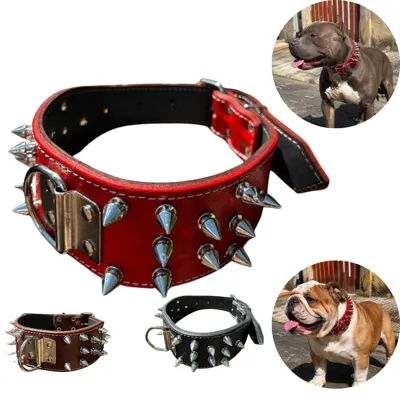 Foto do anúncio: Coleira de Couro para Cachorro Grande e Médio com Spikes Aço Inox | Coleira Reforçada Antipuxão Pitbull Bulldog Resisten