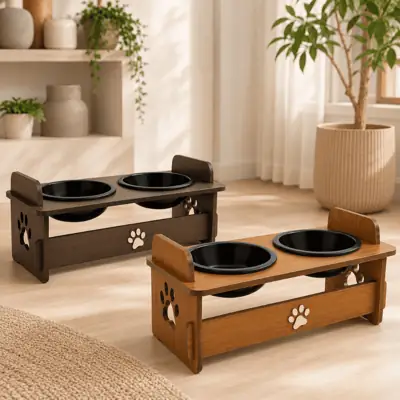 Foto do anúncio: Comedouro Duplo Elevado MDF Para Gato Cachorro 2 Potes Preto ou Branco
