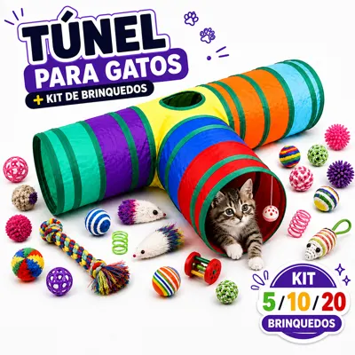 Foto do anúncio: Kit Túnel Dobrável para Gatos Modelos T/Y/S/Longo com 5/10/20 Brinquedos Sortidos Interativos Anti-tédio
