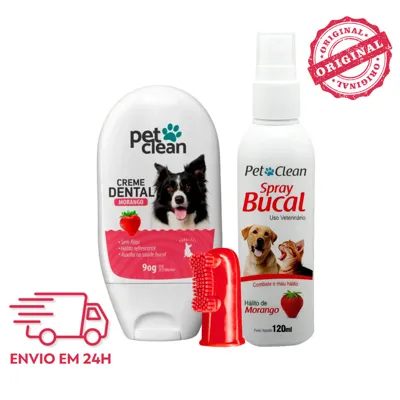 Foto do anúncio: Kit Higiene Bucal Cachorro Gato Pet Clean Morango Creme Dental 90g Spray 120ml Escova Dedeira