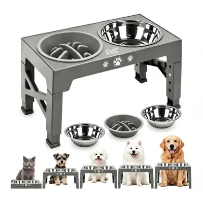 Foto do anúncio: Comedouro Elevado Dobrável 5 Alturas para Cães e Gatos, 2 Tigelas Inox