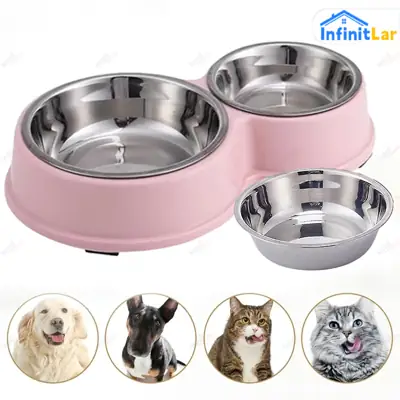 Foto do anúncio: Kit Comedouro e Bebedouro Duplo Inox com Superfície Antiderrapante para Gatos e Cachorros