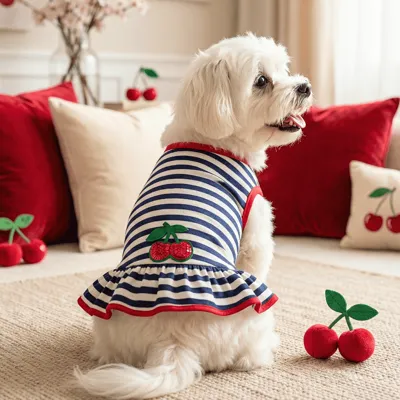Foto do anúncio: Vestido Pet Listrado C/ aplique de Cereja Verão luxo para cachorro e gato