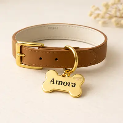 Foto do anúncio: Coleira de Couro com Osso com Nome do Cachorro ou Gato Personalizado