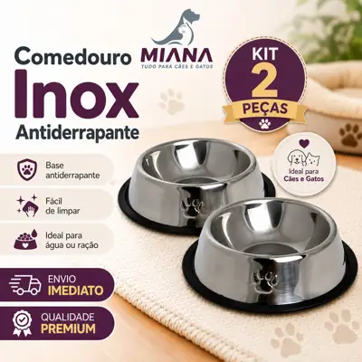 Foto do anúncio: Kit 2 Tigela Comedouro Pote EM AÇO INOX BASE DE BORRACHA Inox Caes
