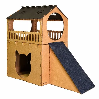 Foto do anúncio: Casinha para Gatos 2 Andares MDF com Carpete – Toca + Arranhador + Rampa | Playground 67cm
