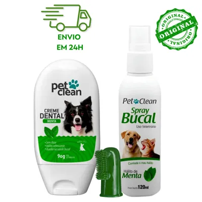 Foto do anúncio: Kit Higiene Bucal Cachorro Gato Pet Clean Menta Creme Dental 90g Spray 120ml Escova Dedeira