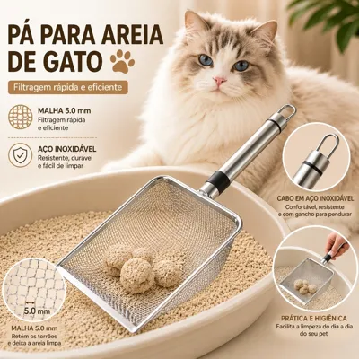 Foto do anúncio: Pá Peneira De Areia Coletora Higiênica Pet Gato Cachorro Lagarto Aço Inox Malha de 5 mm - Caixa De Areia