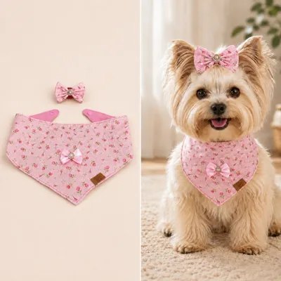 Foto do anúncio: Bandana Pet Doce Encanto Dupla Face + Laço de Cabeça para Cães e Gatos do PP ao GG