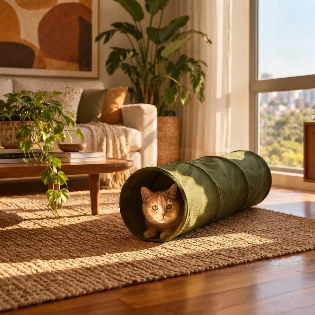 Gato caramelo com a cabeça para fora de um túnel de tecido verde-oliva no tapete da sala